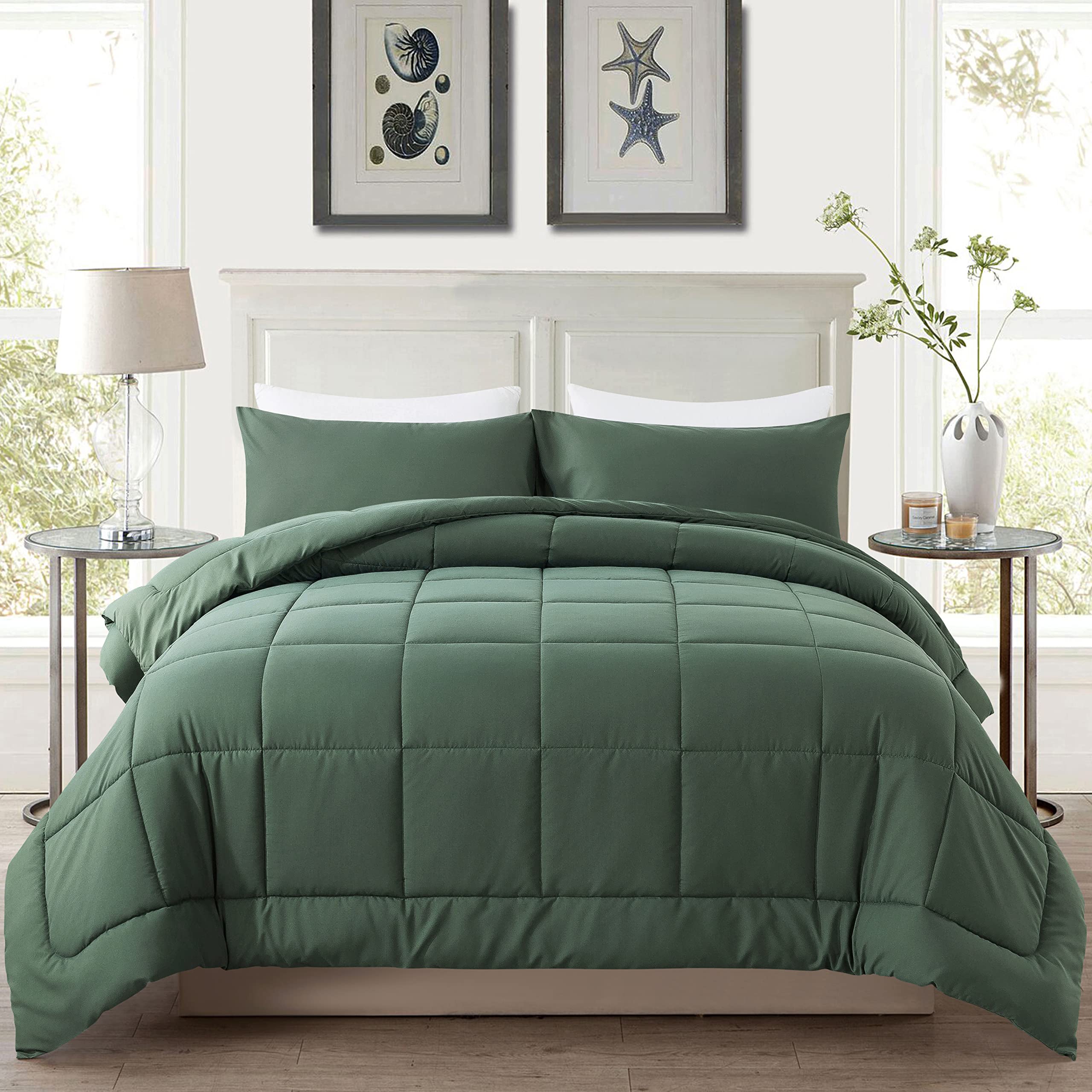 Downcool All Seasons Sage Green Bedding Comforters & Sets With 2 Pillow Cases -3 Pieces Down Alternative Comforter Set -Bedding