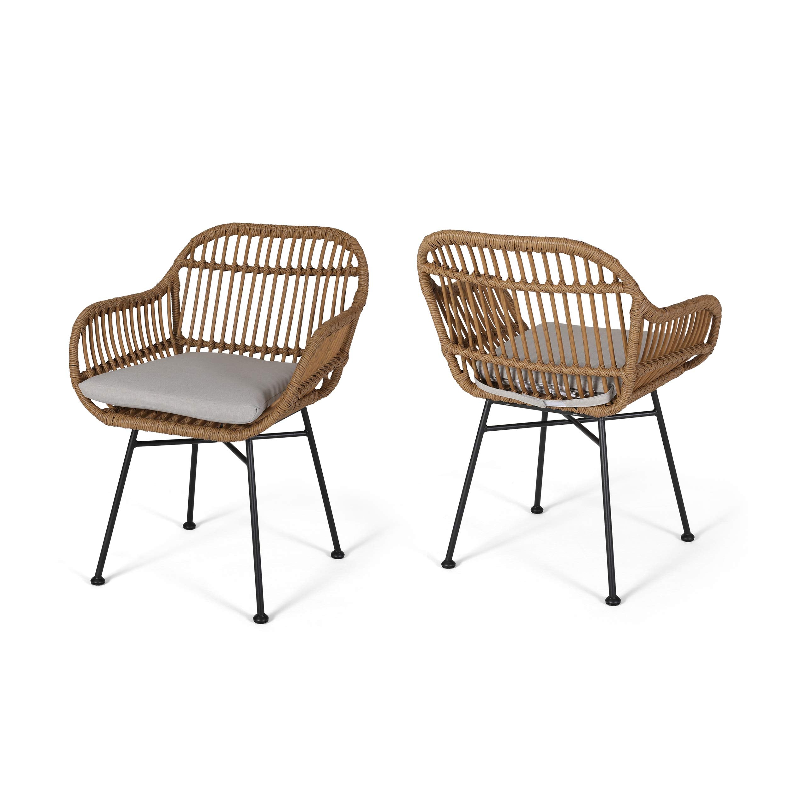 Christopher Knight Home Rodney Indoor Woven Faux Rattan Chairs with Cushions (Set of 2), Light Brown and Beige Finish