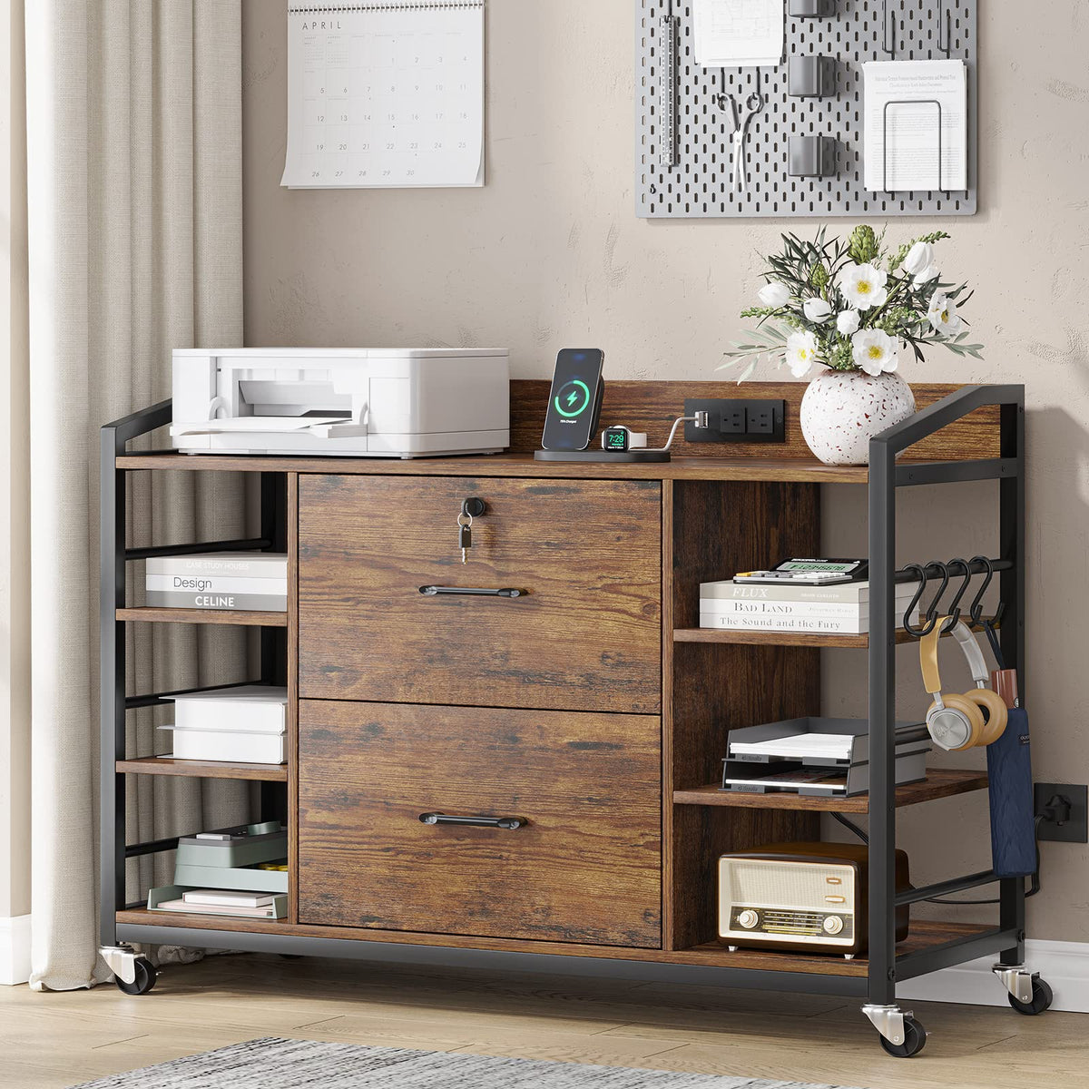 Sedeta 44' File Cabinet, Filing Cabinet Fits Legal/Letter Size, 2 Drawer File Cabinets For Home Office With Lock, Power Strip, 6 Storage Shelves, Rustic Brown
