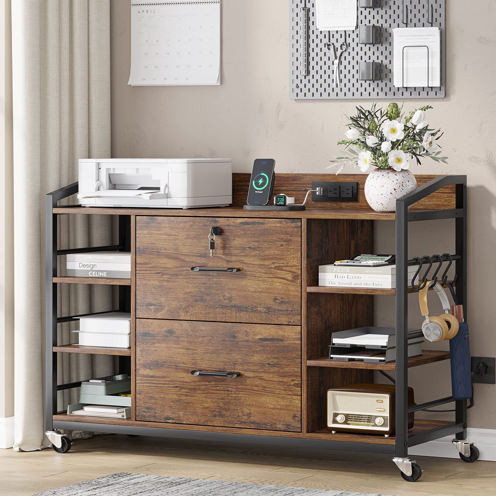 Sedeta 44' File Cabinet, Filing Cabinet Fits Legal/Letter Size, 2 Drawer File Cabinets For Home Office With Lock, Power Strip, 6 Storage Shelves, Rustic Brown