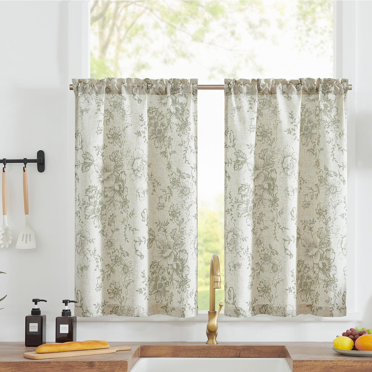 Jinchan Floral Kitchen Curtains Linen Tier Curtains Sage Flower On Beige Cafe Curtains 36 Inch Length Living Room Bedroom Bathro