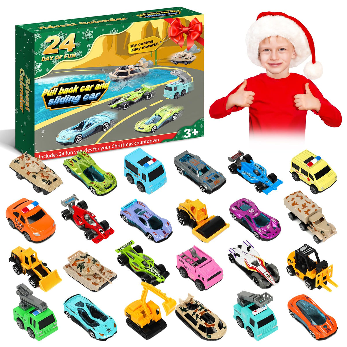 NIGOWAYS Christmas Advent Calendar 2024,24 pcs Advent Calendar Car Toy for Kids, 24 Days Countdown Calendar Toys,Christmas Count