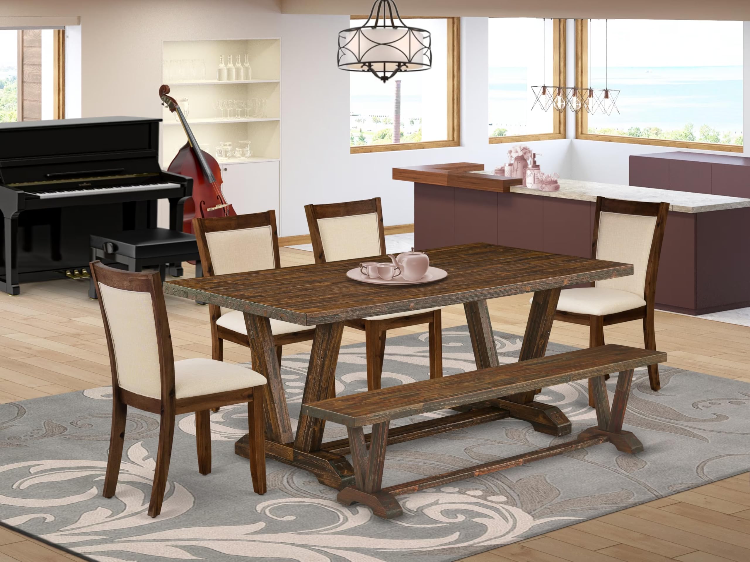 East West Furniture V777Mzn32-6 6 Piece Dining Set Contains A Rectangle Dining Room Table With V-Legs And 4 Light Beige Linen Fabric Parson Chairs With A Bench, 40X72 Inch, Multi-Color