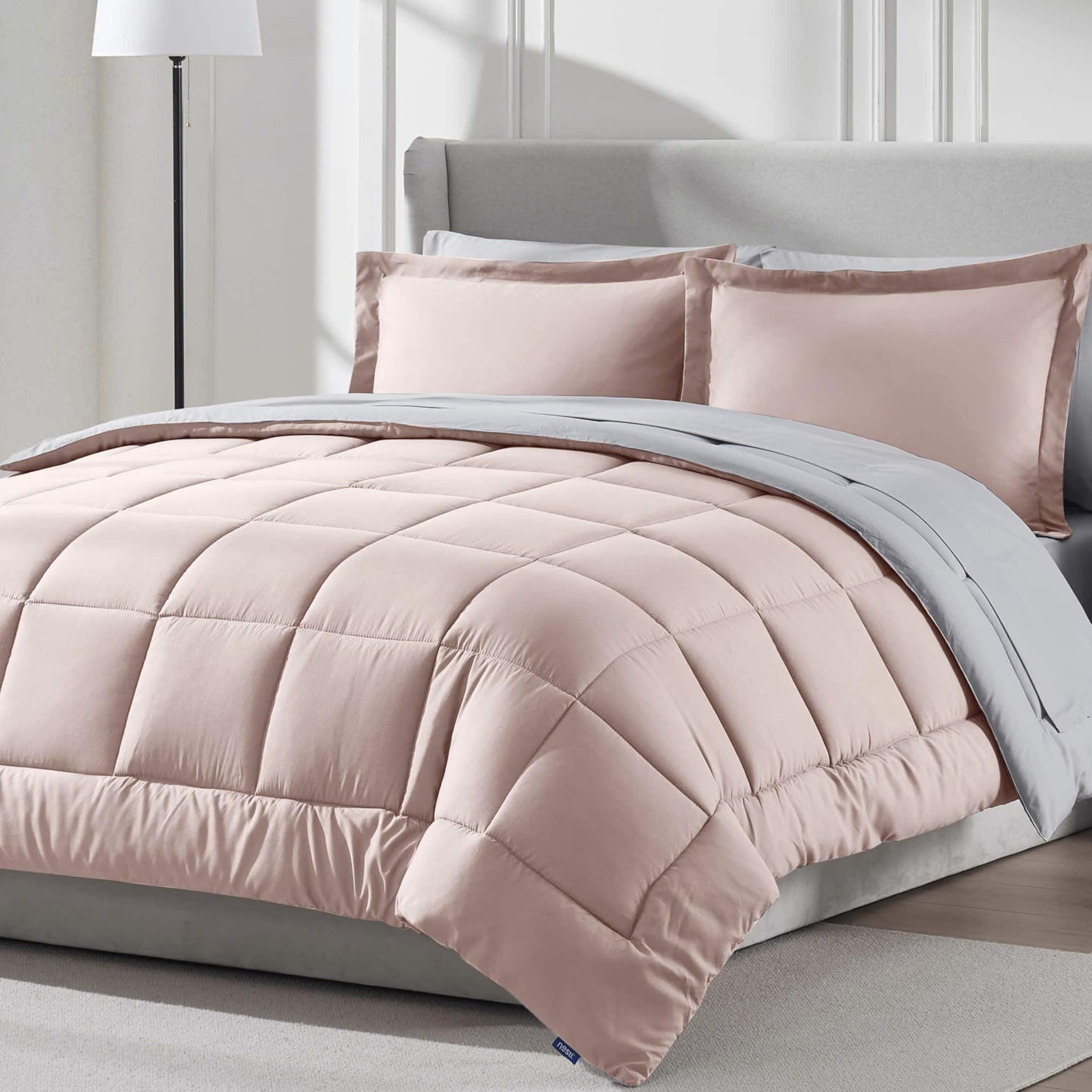 Nestl 7 Piece Queen Comforter Set - Blush Pink Reversible Bed in a Bag - Complete Queen Size Bedding Set with Sheets, Pillowcase
