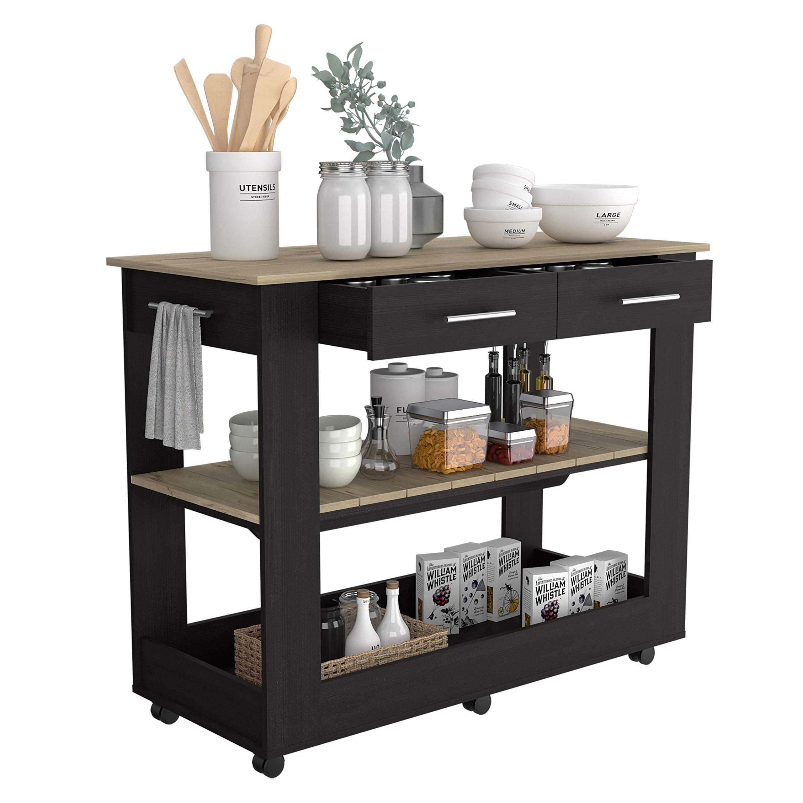 Fm Furniture Brooklyn 80 Kitchen Island, With Two Shelves And Two Drawers, Black. For Kitchen Room