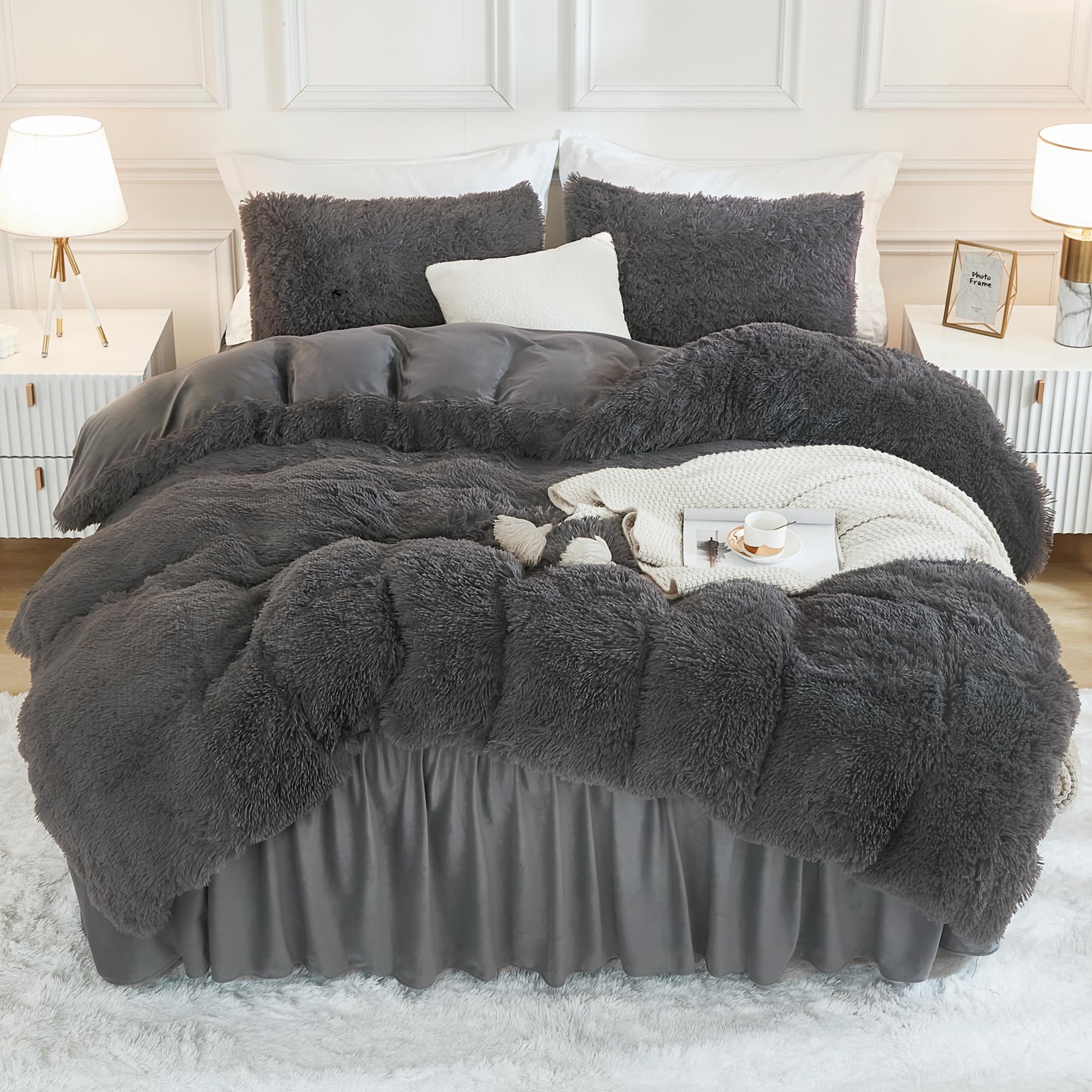 Andency Faux Fur Dark Grey Comforter King Size, 3 Pieces Gray Fluffy Fuzzy Plush Bedding Comforter Set (1 Shaggy Velvet Comforte