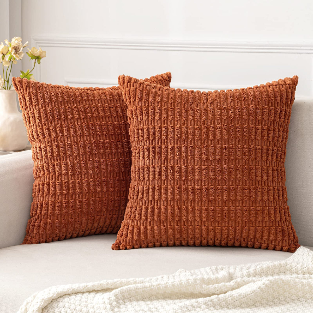 Miulee Pack Of 2 Corduroy Decorative Throw Pillow Covers 24X24 Inch Soft Boho Striped Fall Pillow Covers Modern Farmhouse Home D