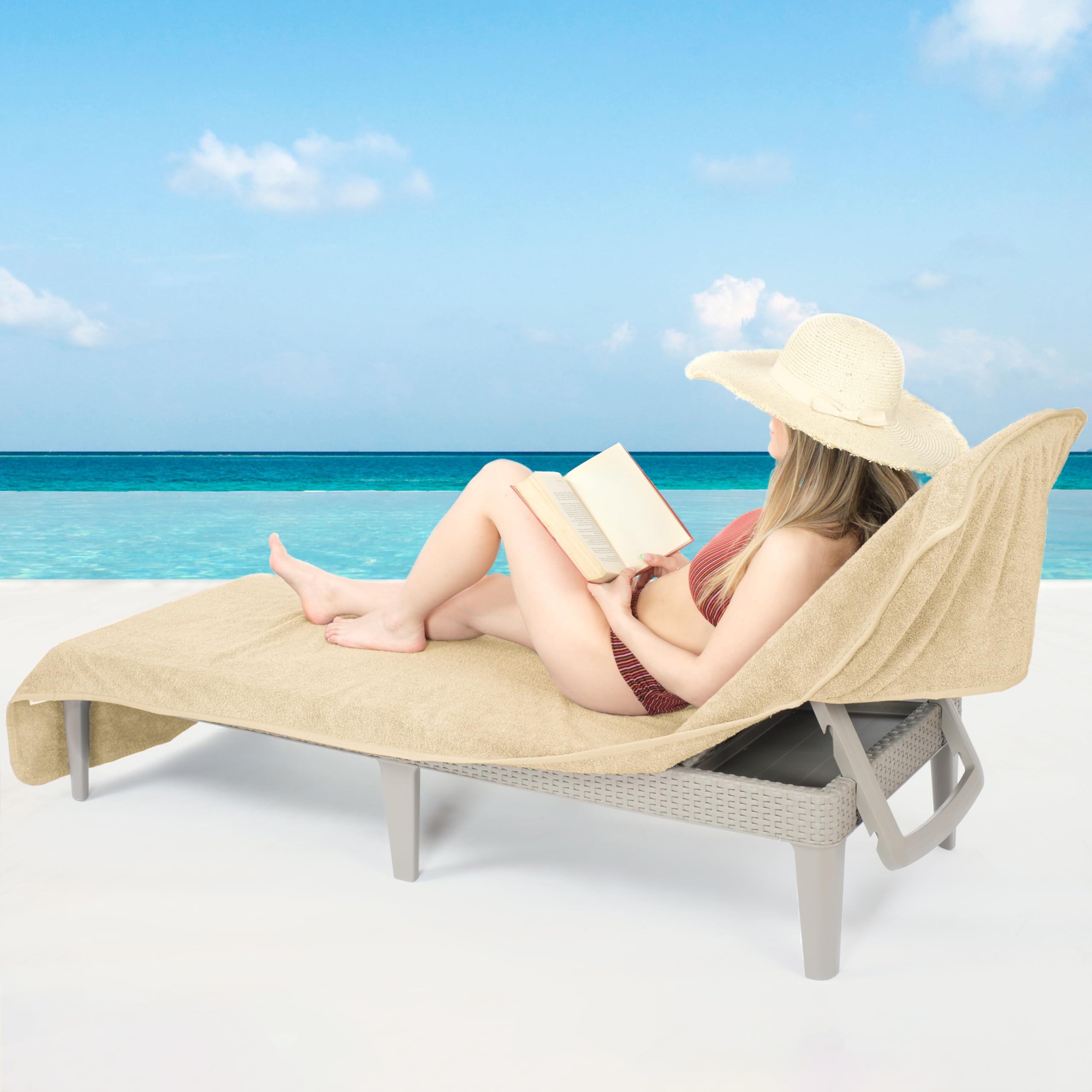 Cotton Paradise 100% Cotton Patio Chaise Lounge Covers, 30X86 Inch Lounge Chair Towel With Pocket (Beige)