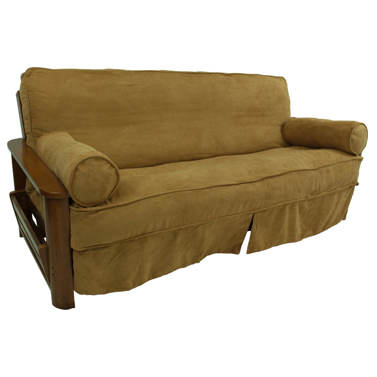 Blazing Needles Solid Microsuede Double Corded 8&quot; to 9&quot; Futon Slipcover Set with 2 Bolster Pillows (Set of 3), Full, Camel