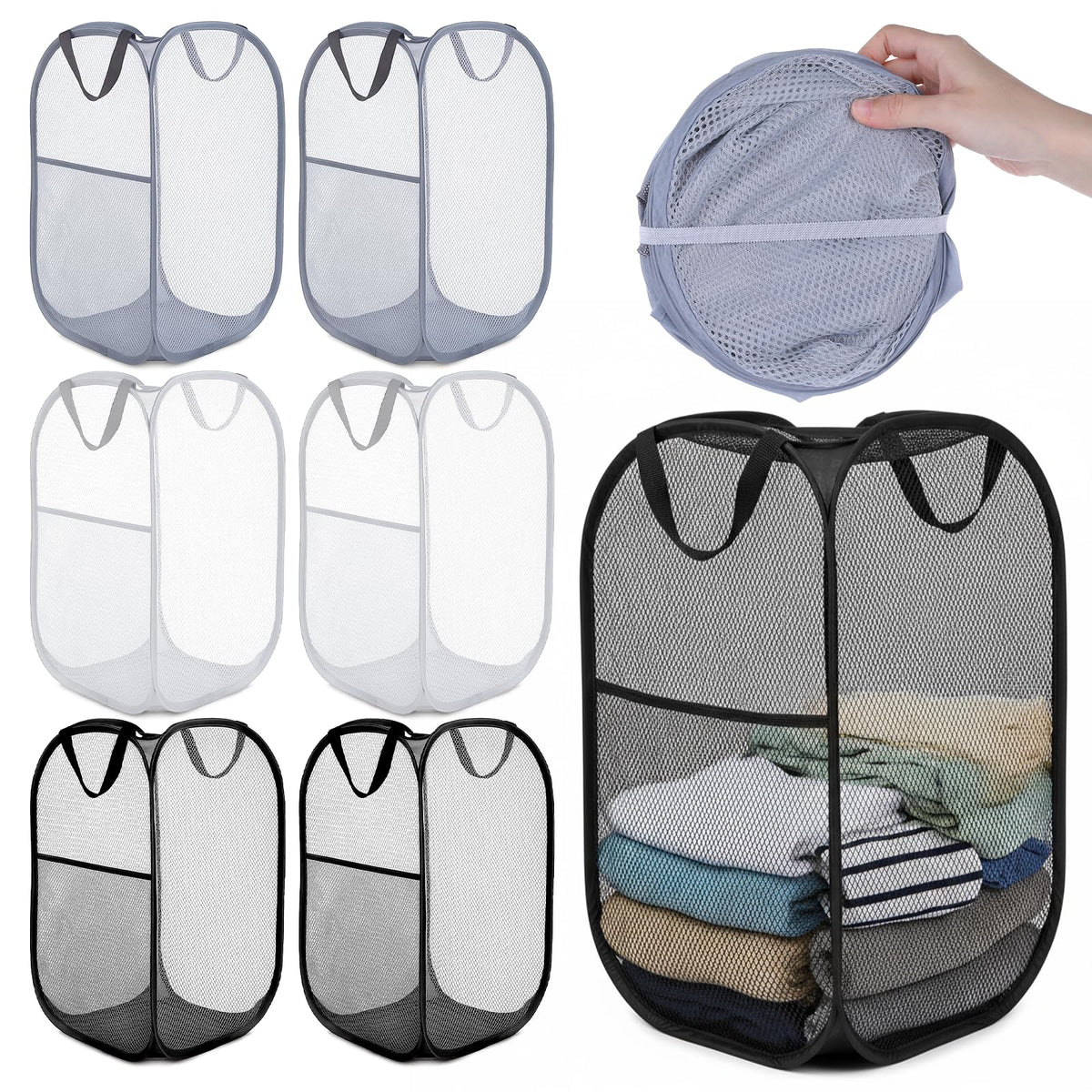 SHENLIU 6 Pcs Popup Mesh Laundry Baskets, Collapsible Portable Clothes Washing Laundry Hampers with Carry Handles, Clothes Hampe