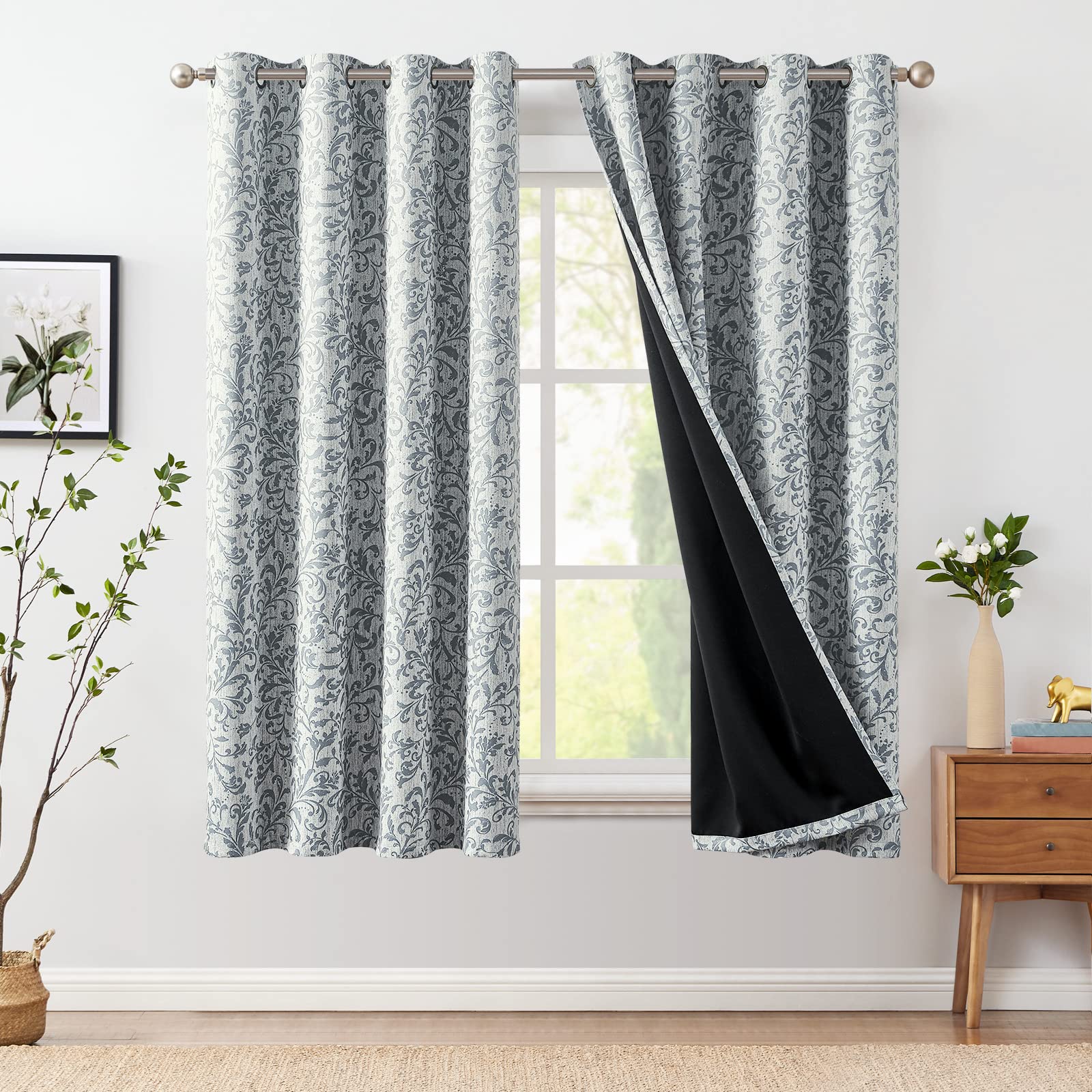 Jinchan 100% Blackout Curtains For Bedroom 63 Inch Length 2 Panels Silver Grey Scroll Floral Window Curtains For Living Room Farmhouse Vintage Drapes Thermal Insulated Grommet Window Treatments Set