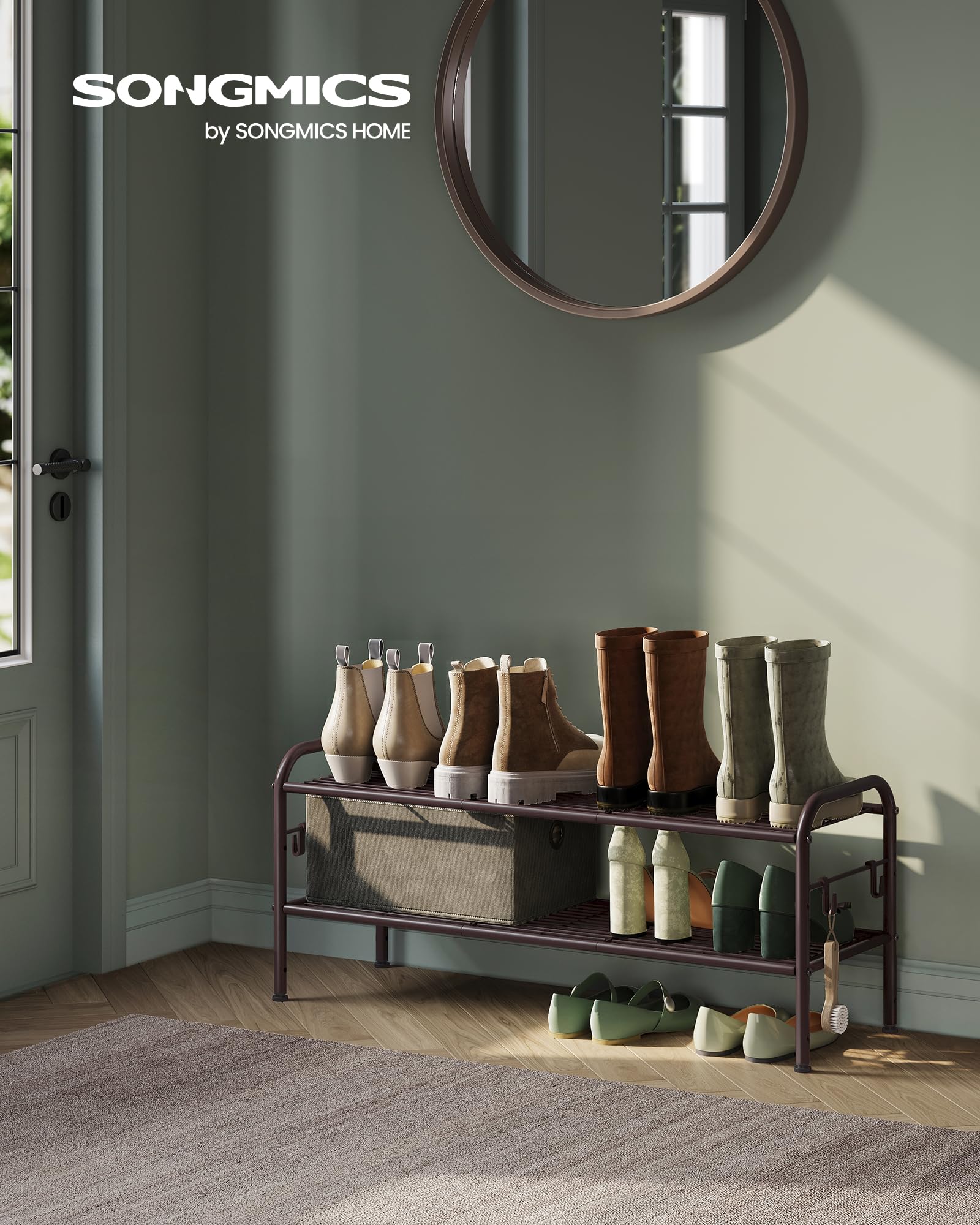 Songmics Shoe Rack, 2-Tier Shoe Organizer, Metal Shoe Shelf Storage With 4 Side Hooks, Holds 10 Pairs Of Shoes, Height-Adjustable Shoe Rack For Entryway, Hallway, Closet, Easy Assembly, Chestnut Brown