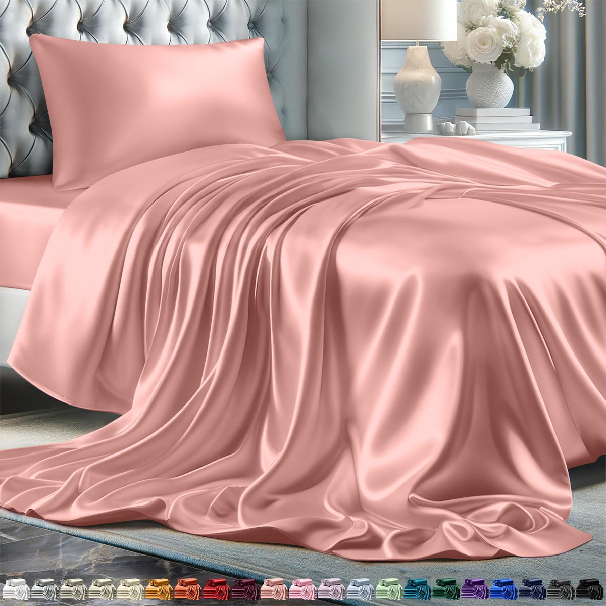 Decolure Satin Sheets Queen Size Bed Set 4 Pcs - Silky & Luxuriously Soft Satin Bedding W/ 15 Inch Deep Pocket - Hypoallergenic,