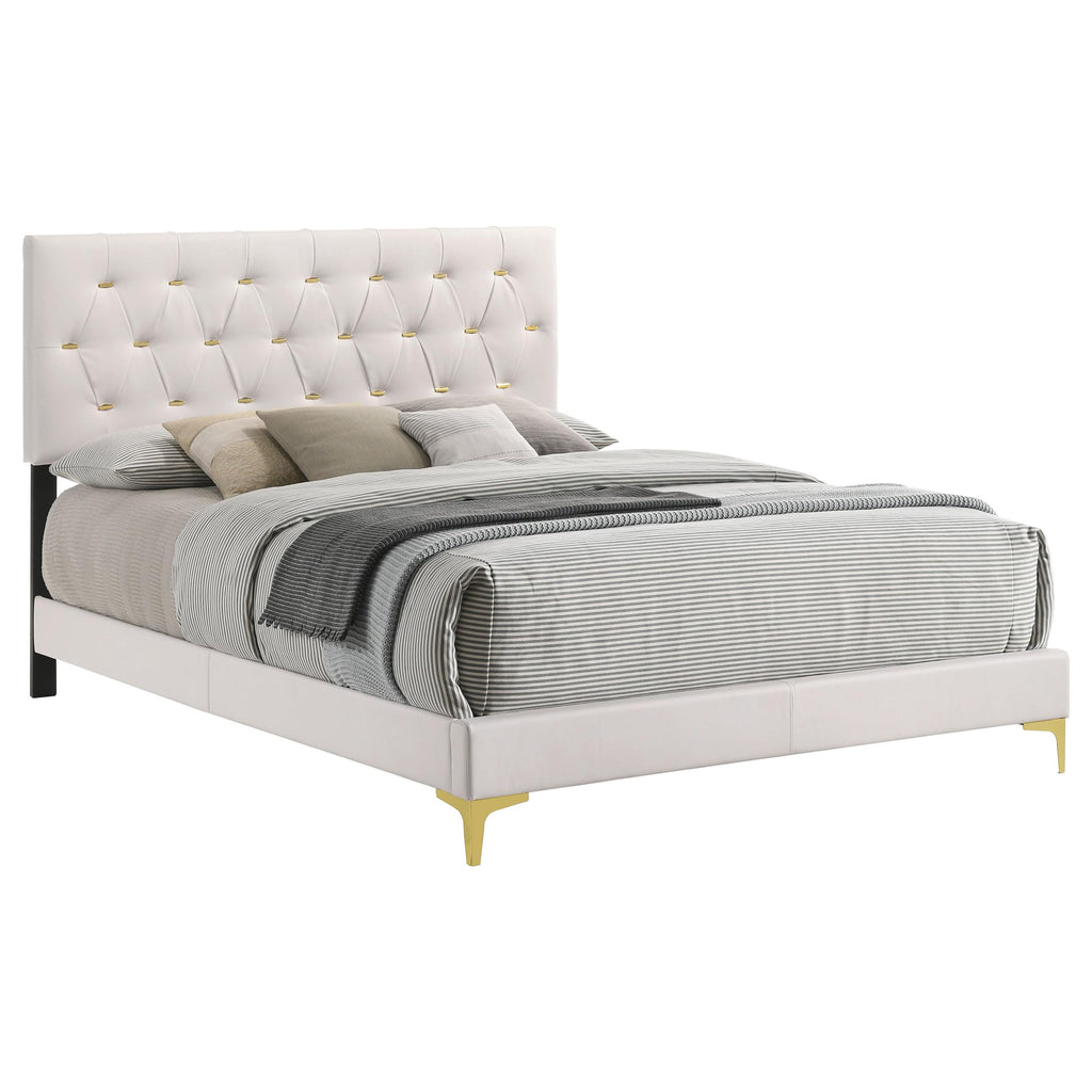 Coaster Home Furnishings Kendall 49-Inch Upholstered Bed Queen Size Modern Panel Bed Frame Velvet Upholstery Button Tufted with Gold Accents White 224401Q