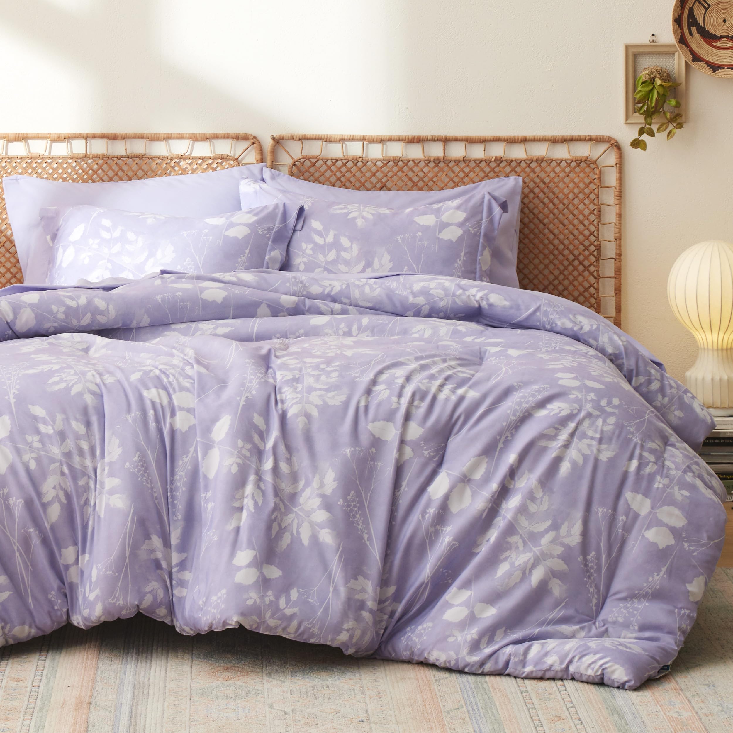 Bedsure Light Purple Twin Comforter Set - 5 Pieces Floral Lavender Bedding Sets, Twin Bed In A Bag With Reversible Botanical Flowers Comforter, Sheets, Pillowcases & Shams