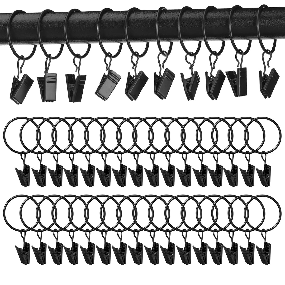 Geelin 200 Pcs Metal Curtain Rings with Clips Curtain Hangers Clips Black Curtain Hooks for Drapes Hanging Shower Curtain Clips