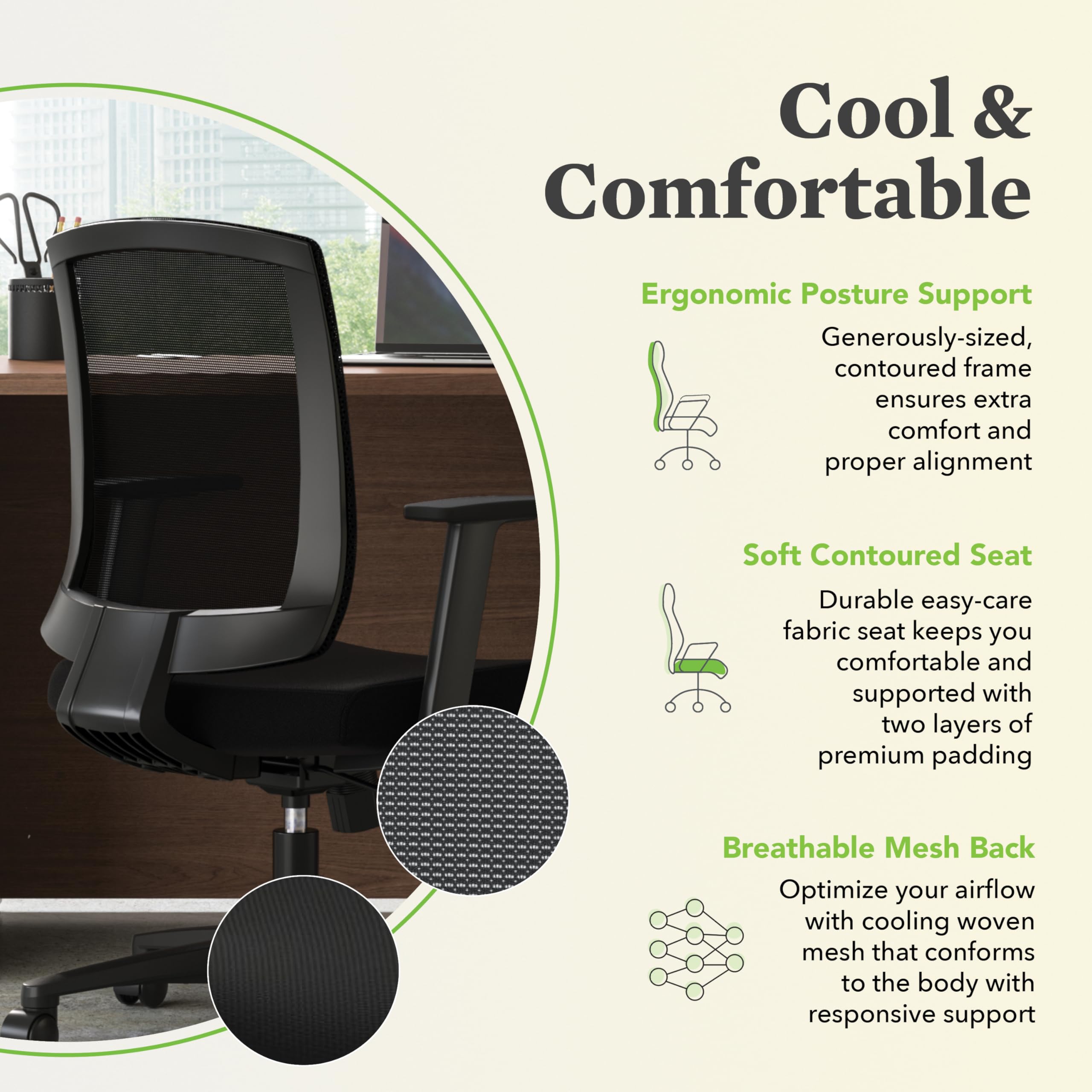 HON Torch Ergonomic Office Chair Mesh Mid Back Computer Desk Chair with Wheels - Comfortable Fabric Seat Home Office Task Chair, Tilt-Tension Recline Control, 360 Rolling Swivel, Sculpted Fixed Arms