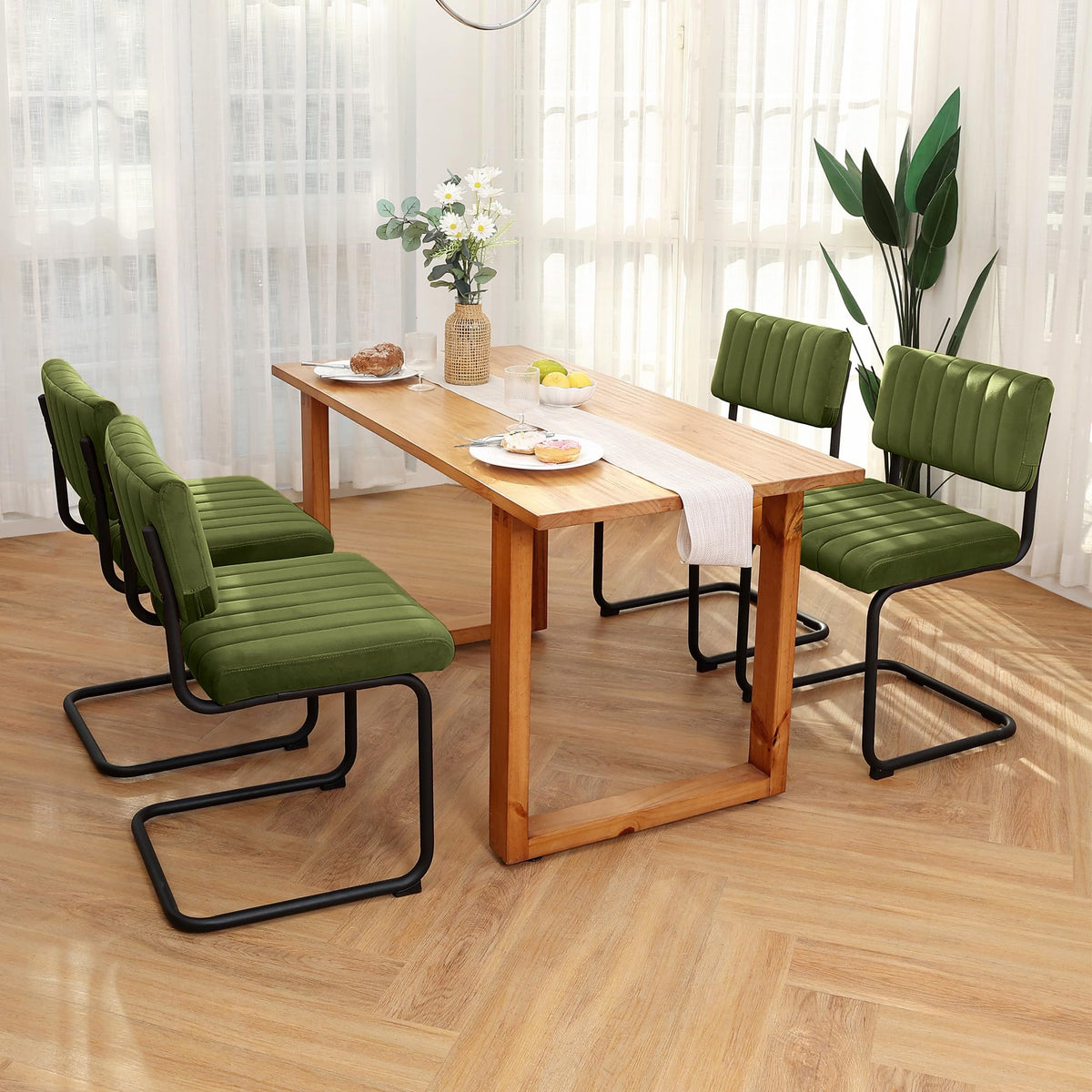 Onevog Mid Century Modern Dining Chairs Set Of 4, Green Velvet Kitchen Chairs With Tufted Backs, Upholstered Wide Seat, Armless