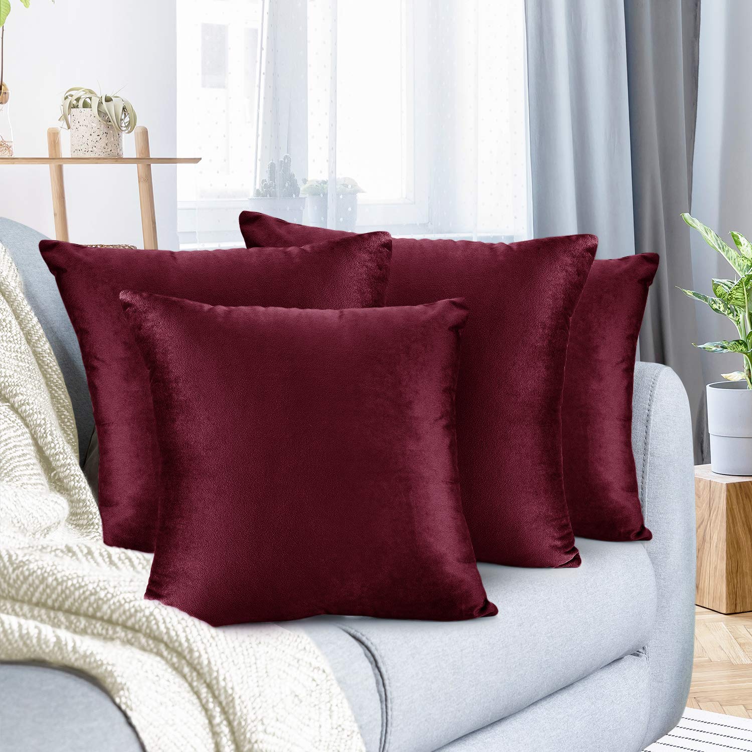 Nestl Throw Pillow Covers, Cozy Velvet Decorative Outdoor Pillow Covers 20X20 Inches, Soft Solid Cushion Covers For Sofa, Bed And Car, Set Of 4 - Burgundy Red