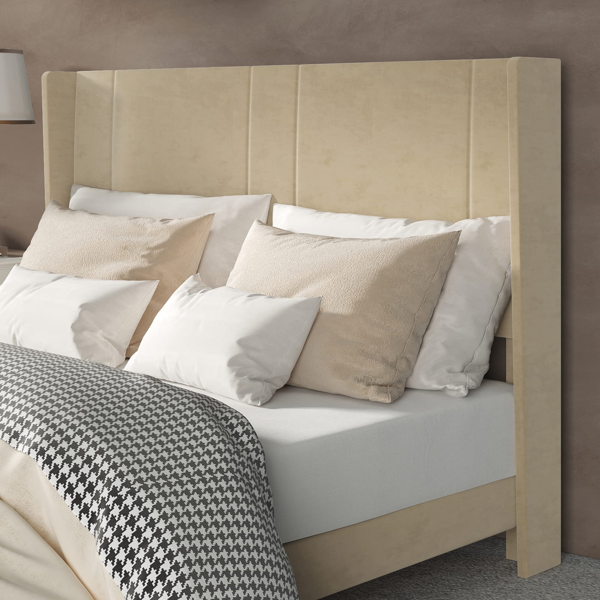 Yitahome King Size Upholstered Bed Frame, Platform Bed Base With Beige Velvet Headboard And Wingback, Strong Wood Slats Support Mattress Foundation, No Box Spring Needed, Beige