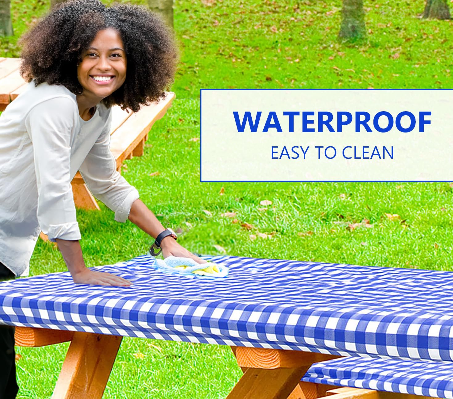 Inpro 8Ft Fitted Picnic Table Cover With Bench Covers. Outdoor Picnic Tablecloth Waterproof, Reusable Camping, Rv Accessories And Travel Essentials. Black Checkered Vinyl Tablecloth With Elastic Edges