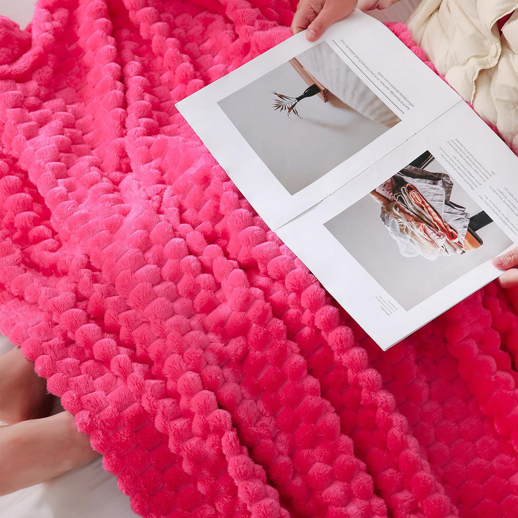 Puncuntex Hot Pink Throw Blanket 90''  90'' Inches Fuzzy 3D Jacquard Decorative Flannel Fleece Super Soft Plush Cozy Blanket For