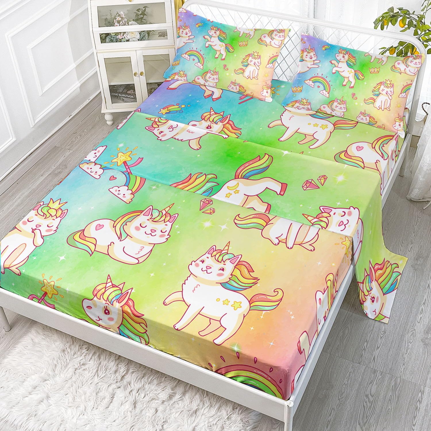 Datura Home Bedding Fitted Sheet And Flat Sheet Set 4Pcs Rainbow Unicorn Printed Bedding Set With 1 Flat Sheet And 1 Fitted Shee