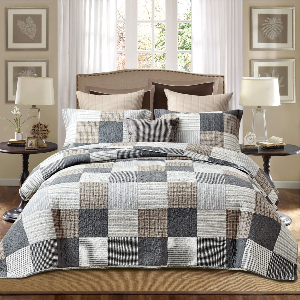Pangushan Twin Size Quilt Set,100% Cotton Quilt,Patchwork Plaid Quilt Bedding Set Bedspreads,Gray(Grey)/Black/Tan/White/Cream Qu