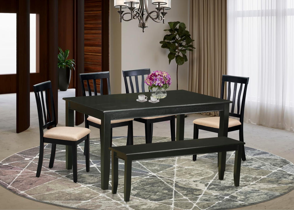 East West Furniture DUAN6-BLK-C 6 Piece Dining Room Table Set Contains a Rectangle Kitchen Table and 4 Linen Fabric Dining Chairs with a Bench, 36x60 Inch, Black