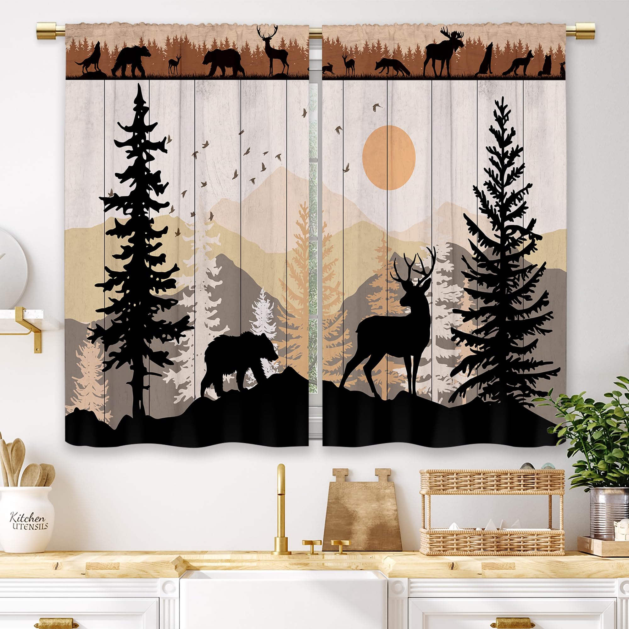 Laifzere Farmhouse Forest Cabin Kitchen Curtains Rustic Wooden Small Short Cafe Window Curtains Tree Country Deer Bear Rod Pocke
