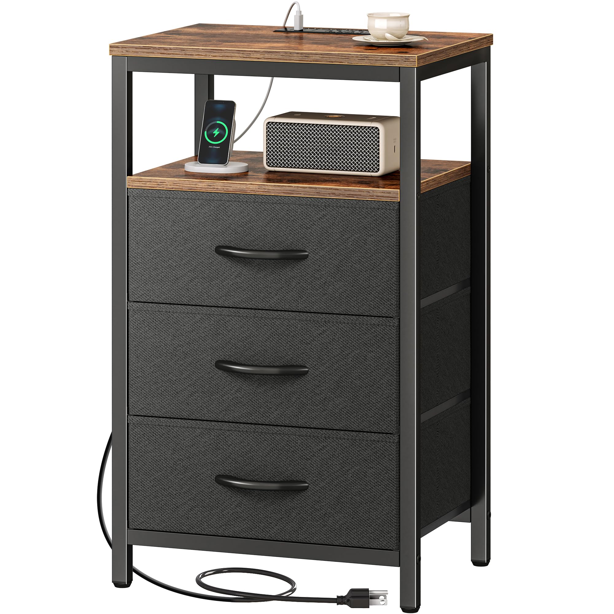 Huuger Nightstand with Charging Station, 27.6 Inch End Table Bedside Table with USB Ports and Outlets, Fabric Drawers, Night Sta