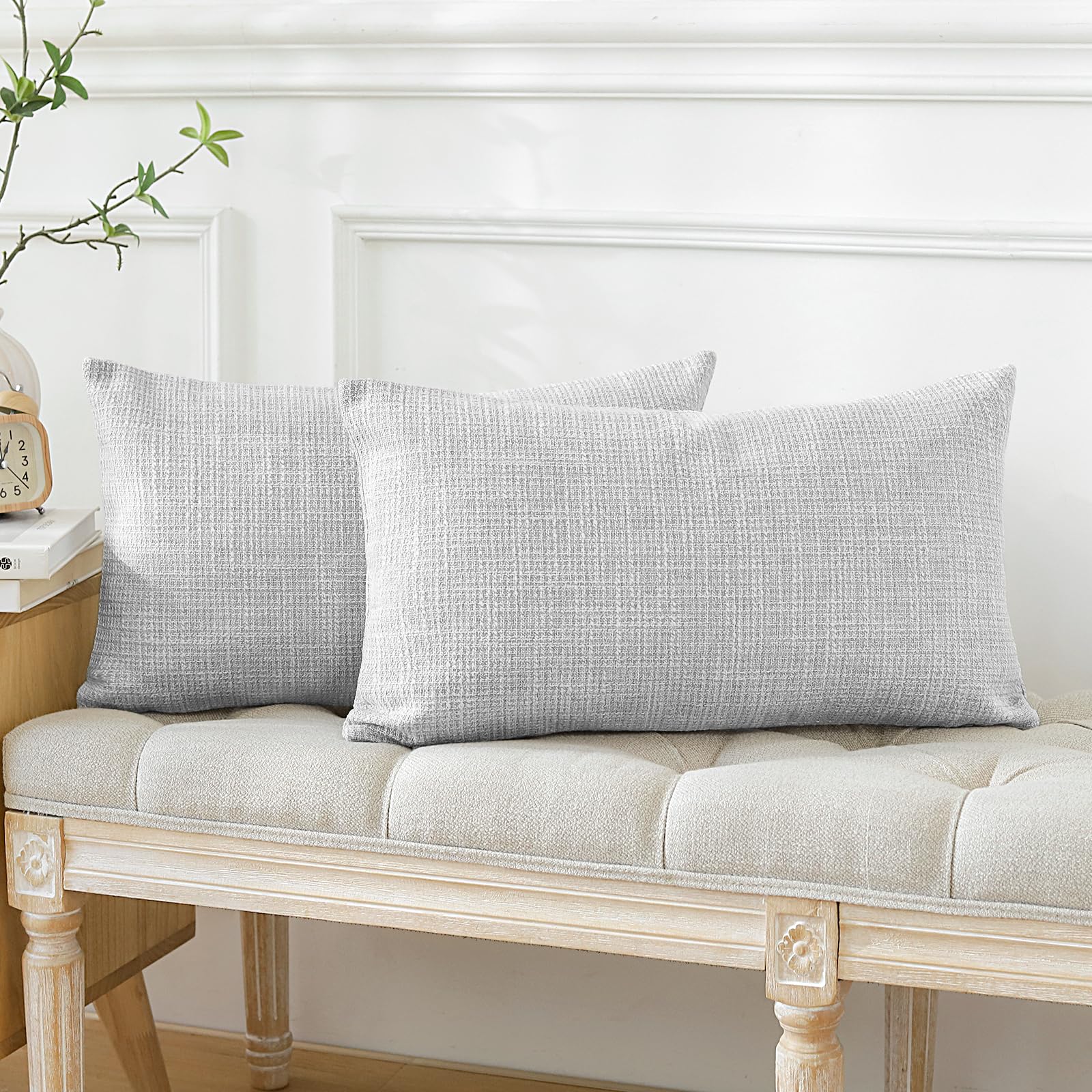 Otostar Pack Of 2 Throw Pillow Covers 12X20 Inch Linen Light Grey Pillowcases Farmhouse Decorative Solid Pillow Covers 30X50 Cm