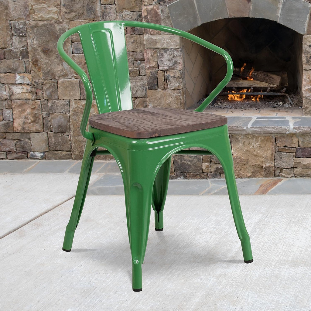 Flash Furniture Green Metal Chair With Wood Seat And Arms