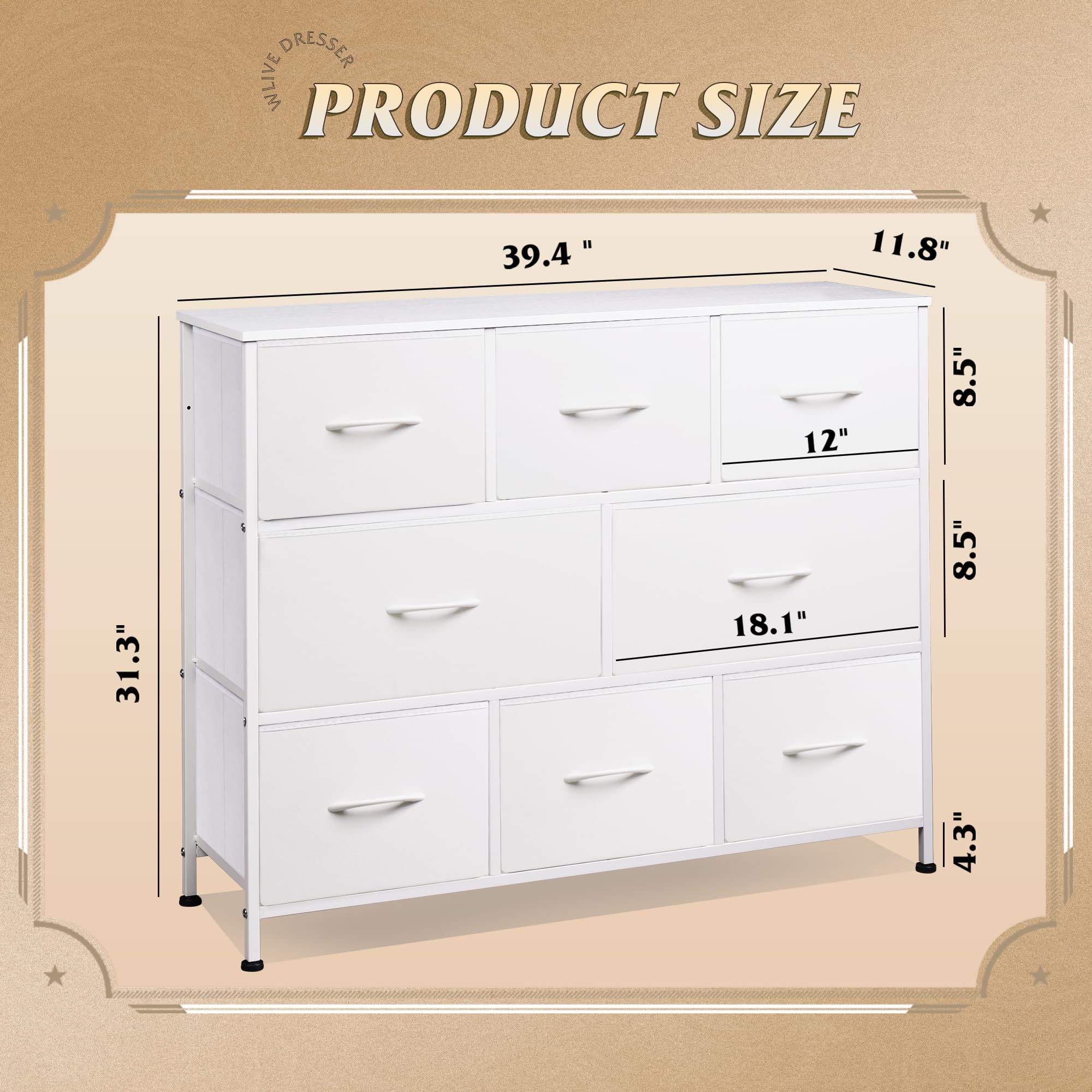 Wlive 8 Drawer Dresser For Bedroom, Fabric White Dresser With Large Storage Drawer Unit For Entryway, Chest Of Drawers For Living Room