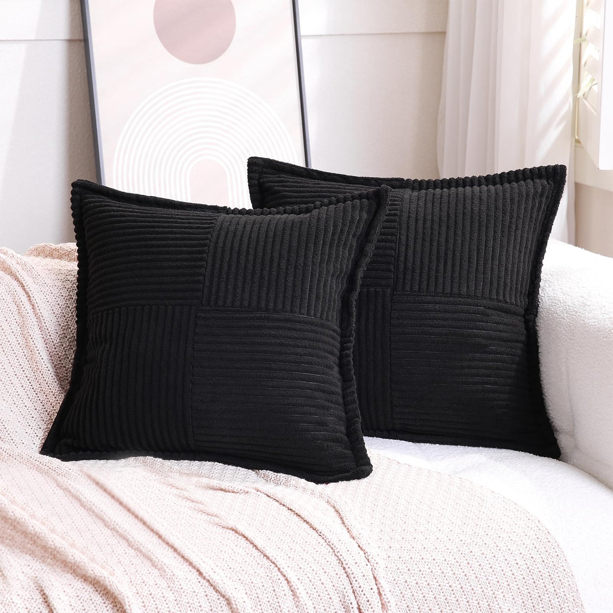 Puncuntex Corduroy Throw Pillow Covers Set Of 2 Boho Decorative Black 22?22 Inch,Super Soft Pillowcase Cozy Striped Texture Cush