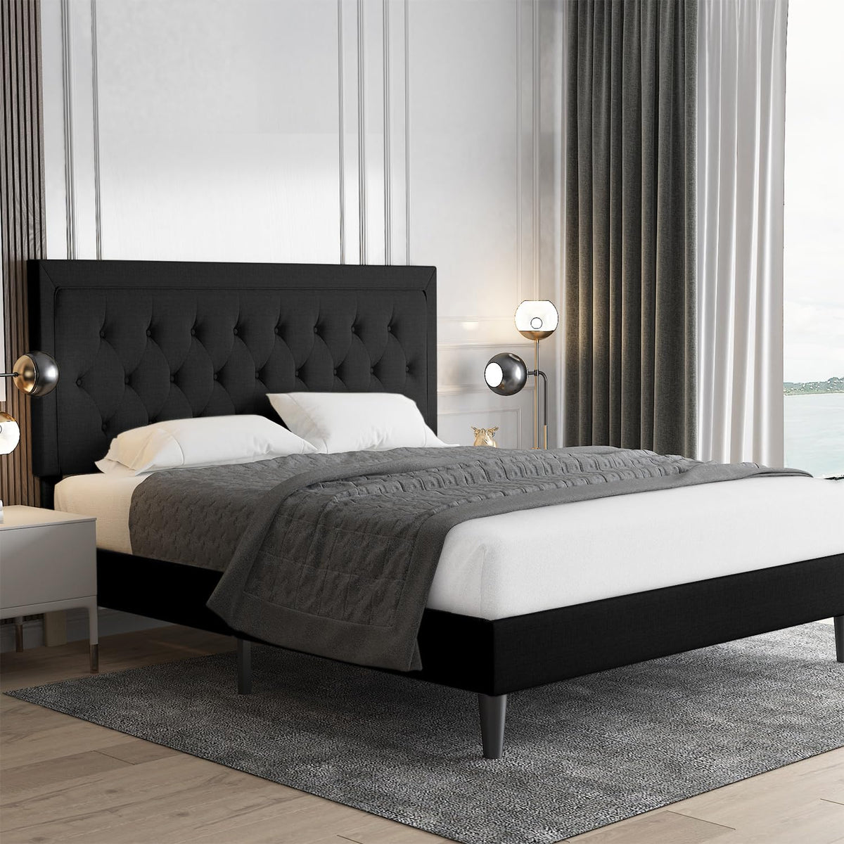 Allewie Queen Size Bed Frame Upholstered Platform Bed With Adjustable Headboard, Button Tufted, Wood Slat Support, Easy Assembly, Black