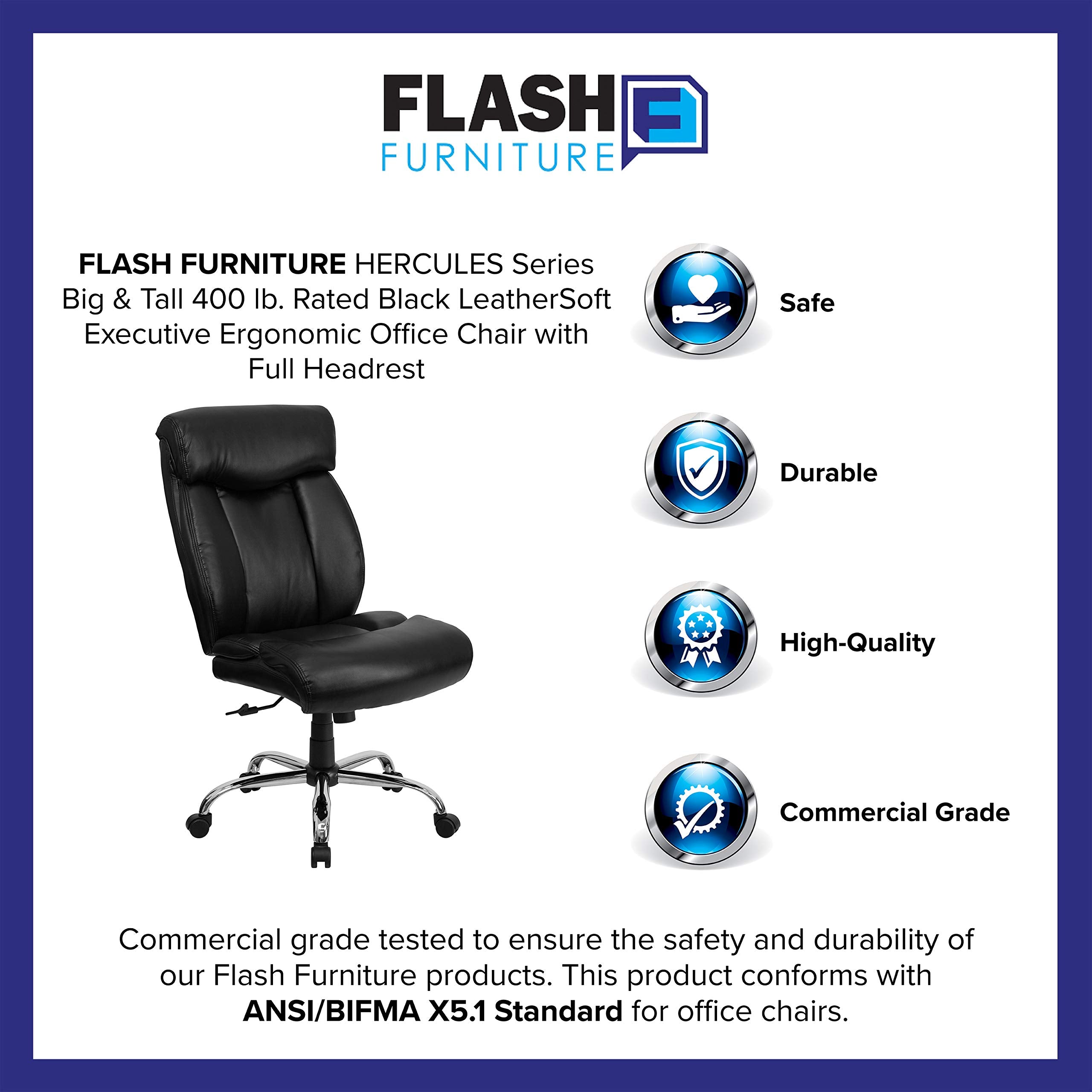 Flash Furniture Hercules Series Big & Tall LeatherSoft Swivel Office Chair, Ergonomic High-Back Executive Chair with Full Headrest, Padded Seat, Black