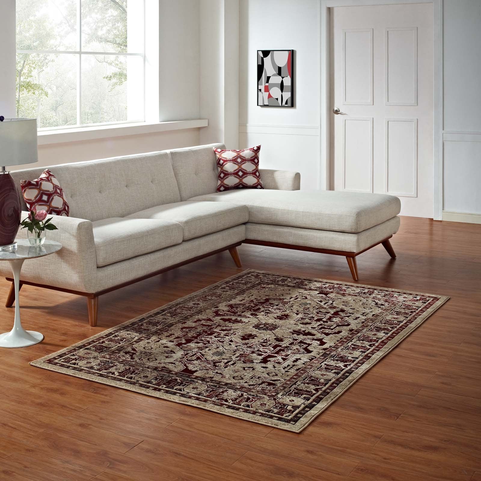 Modway Grania Ornate Vintage Floral Turkish 5X8 Area Rug In Burgundy And Tan