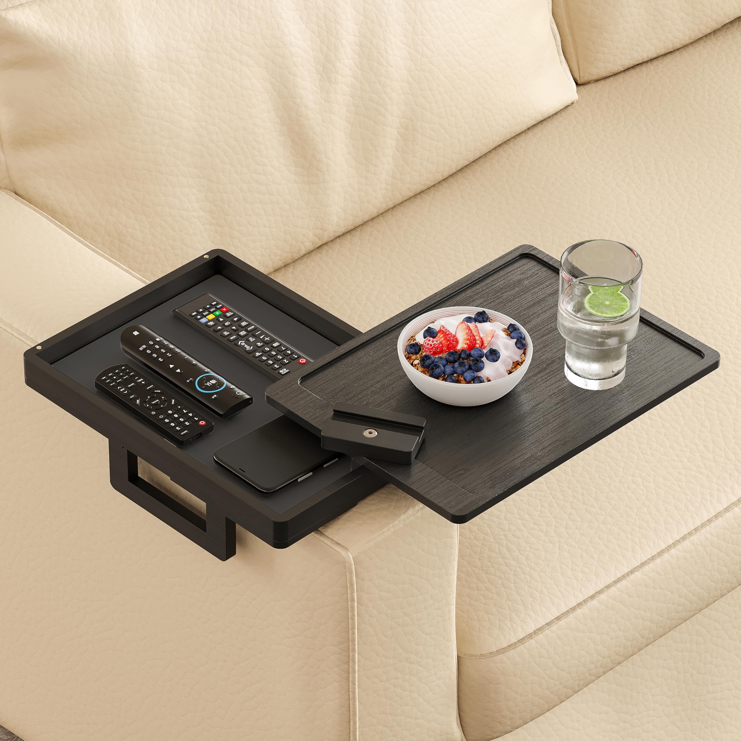 Wealone Black Couch Arm Tray for Wide Couch, Bamboo Sofa Arm Clip Table with Storage Box, Couch Armrest Tray with 360Rotating Ph