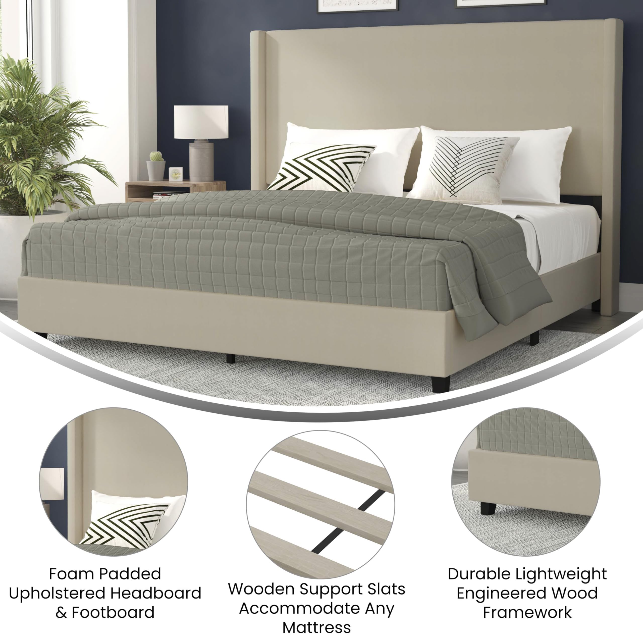 Flash Furniture Quinn Upholstered Platform Bed - Beige Channel Stitched Wingback Headboard - King - Mattress Foundation with Slatted Supports - No Box Spring Needed