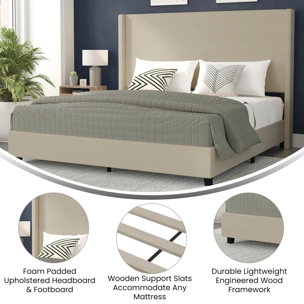 Flash Furniture Quinn Upholstered Platform Bed - Beige Channel Stitched Wingback Headboard - King - Mattress Foundation with Slatted Supports - No Box Spring Needed