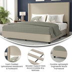 Flash Furniture Quinn Upholstered Platform Bed - Beige Channel Stitched Wingback Headboard - King - Mattress Foundation with Slatted Supports - No Box Spring Needed