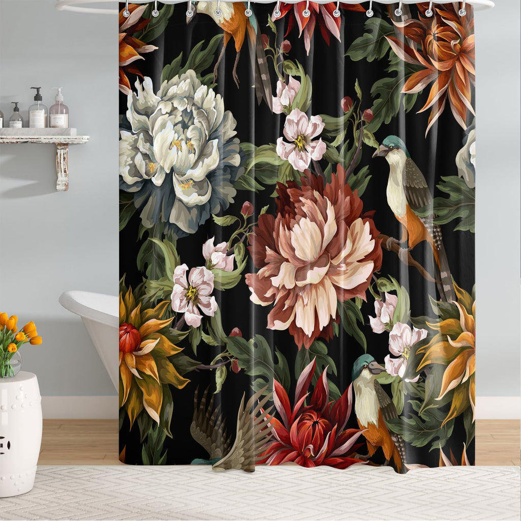 Bivinar Extra Long Vintage Peonies Roses And Birds Shower Curtain 72 X 84 Inch, Waterproof Fabric Floral Bathroom Shower Curtain