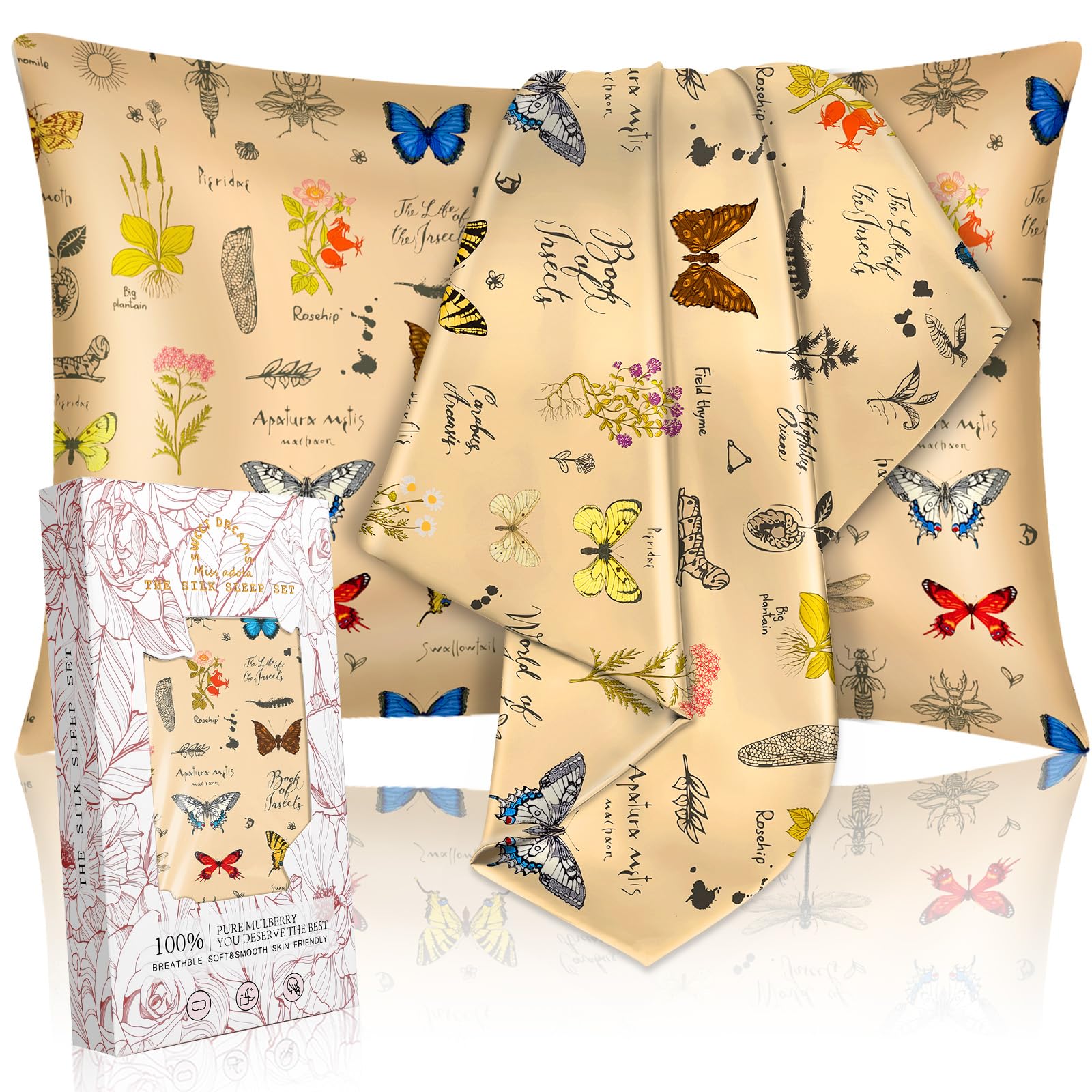 Miss Adola 2 Pack Mulberry Silk Pillowcase for Hair and Skin - Standard Size 26 x 20 Inches with Hidden Zipper Plants Butterfly 