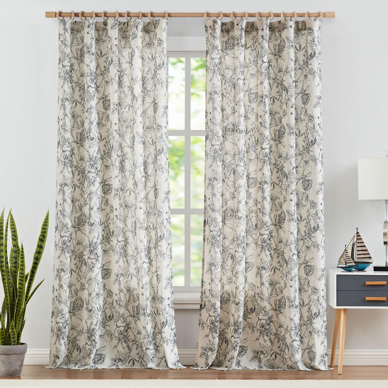 Jinchan Floral Curtains 96 Inches Long Black Flower Linen Farmhouse Curtains For Living Room French Country Vintage Curtains Rod Pocket Curtains Set 2 Panels Balck Flower Printed Curtains