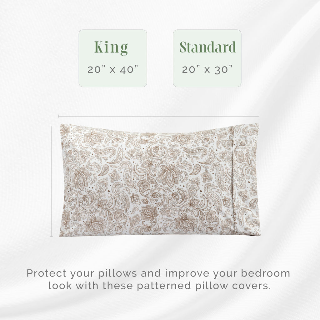 Elegant Comfort Ultra Soft Set Of 2 Floral Print Pillowcases - 1500 Premium Hotel Quality Microfiber, Soft And Smooth Envelope Closure 2-Piece Pillow Covers - Standard/Queen, Paisley Taupe