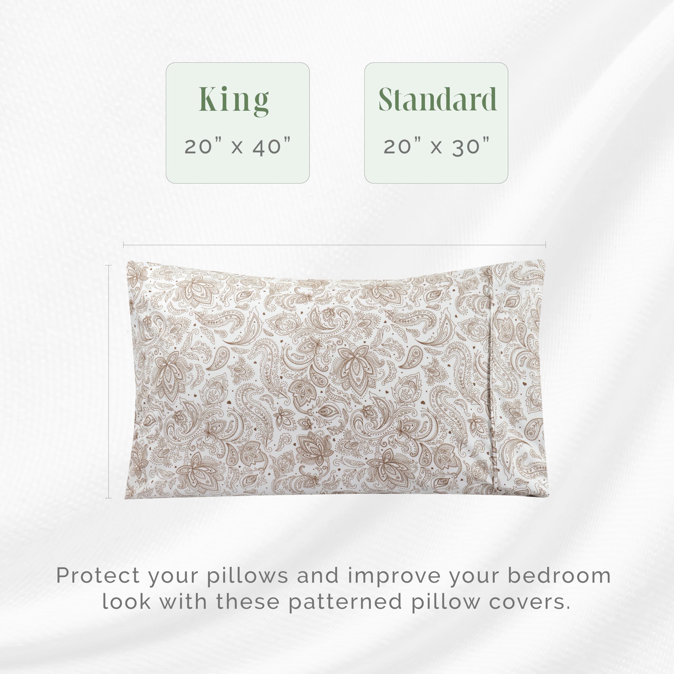 Elegant Comfort Ultra Soft Set Of 2 Floral Print Pillowcases - 1500 Premium Hotel Quality Microfiber, Soft And Smooth Envelope Closure 2-Piece Pillow Covers - King, Paisley Taupe