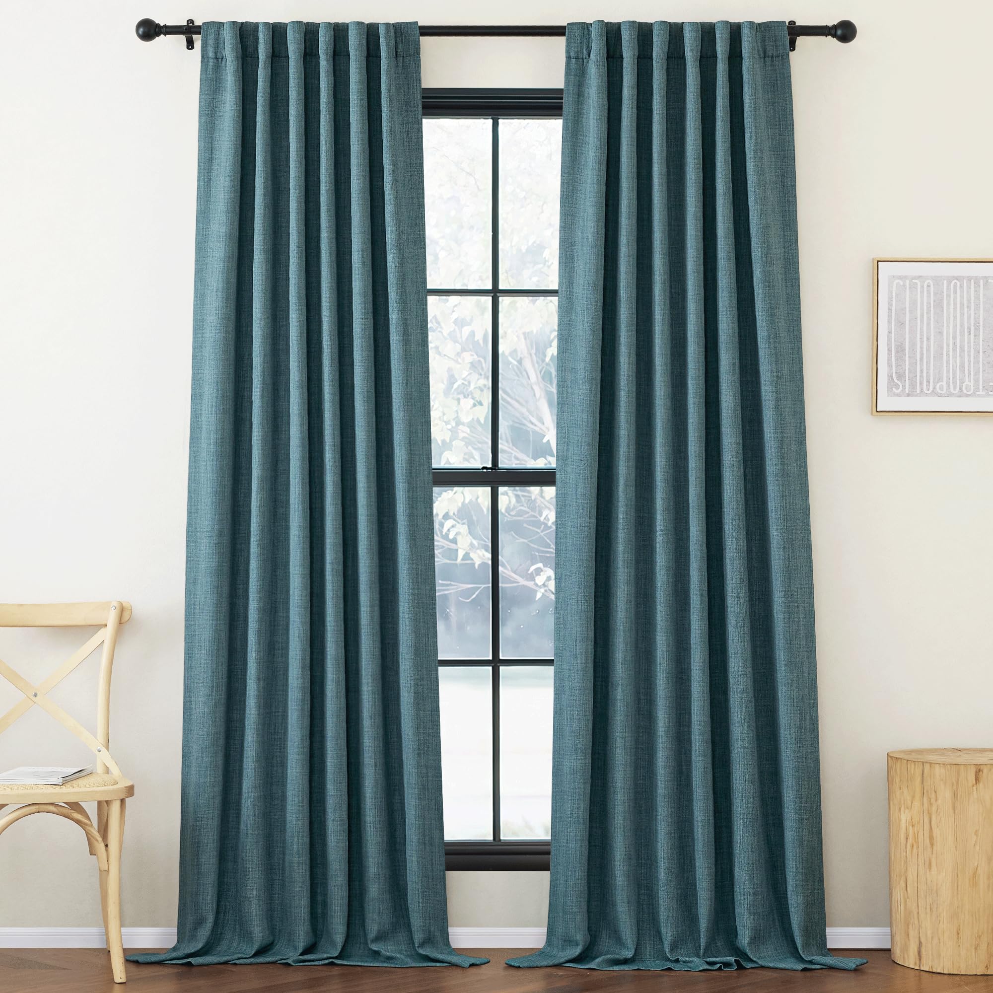 Nicetown Greyish Blue Room Darkening Linen Curtains For Living Room, Pinch Pleated Faux Linen Blend Thermal Insulated Sou/Noise