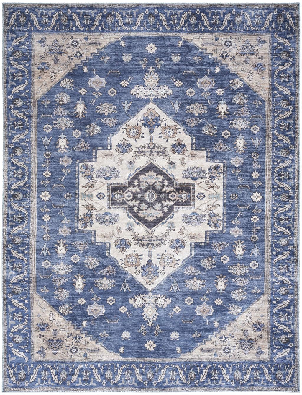 HomeRoots 533299 5 x 7 ft. Blue & Beige Oriental Traditional Power Loomed Distressed Washable Non Skid Rectangle Area Rug