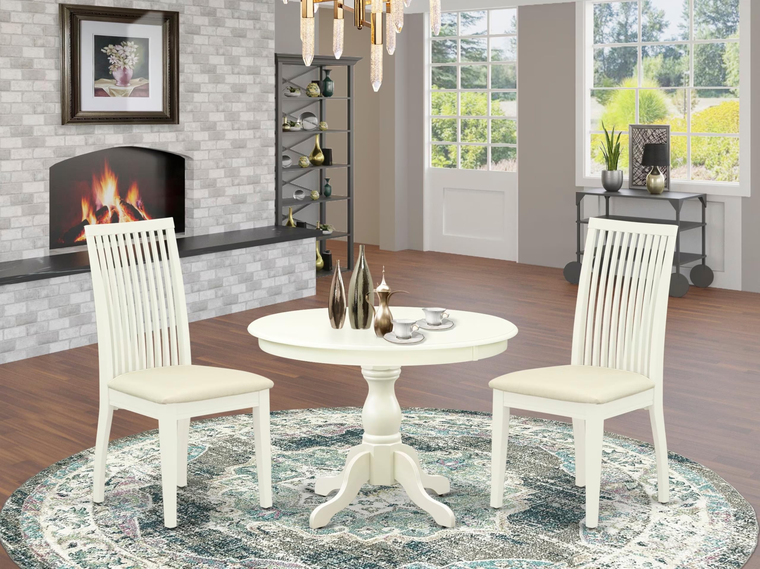 East West Furniture HBIP3-LWH-C 3 Piece Dinette Set for Small Spaces Contains a Round Dining Table with Pedestal and 2 Linen Fabric Upholstered Dining Chairs, 42x42 Inch, Linen White